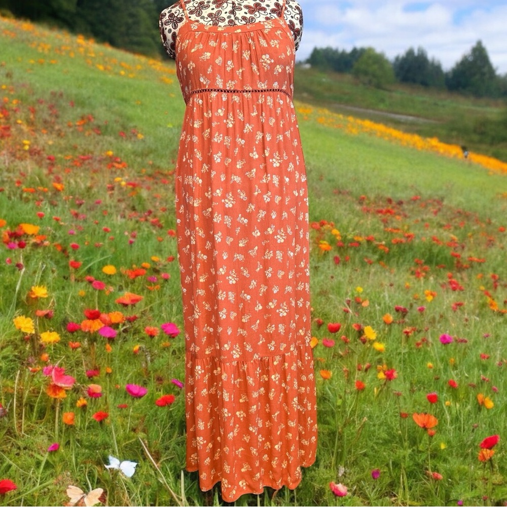 Wild Skye Summer Floral Orange Maxi Dress L